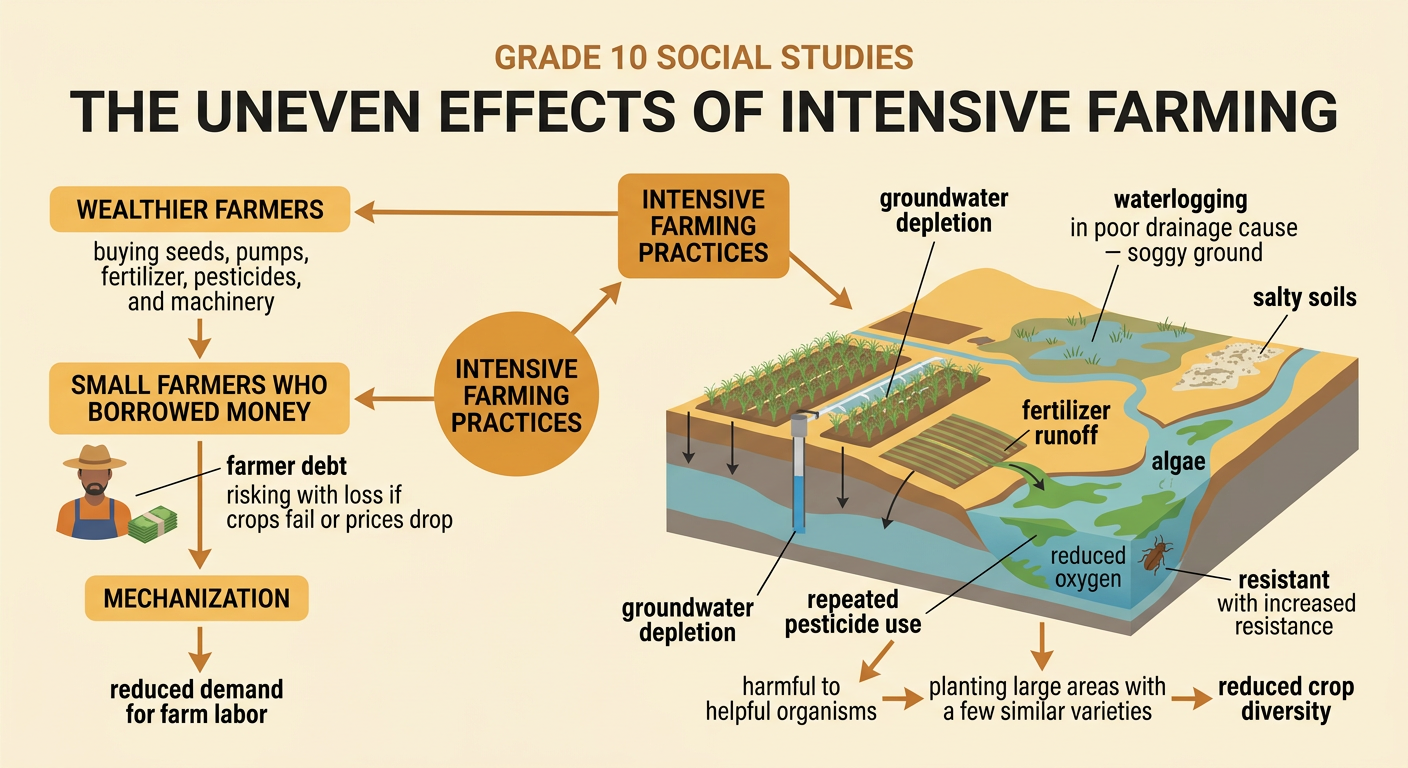 One farming landscape shows debt pressure, intensive pumping, flooded soil, polluted water, and pesticide-resistant insects.