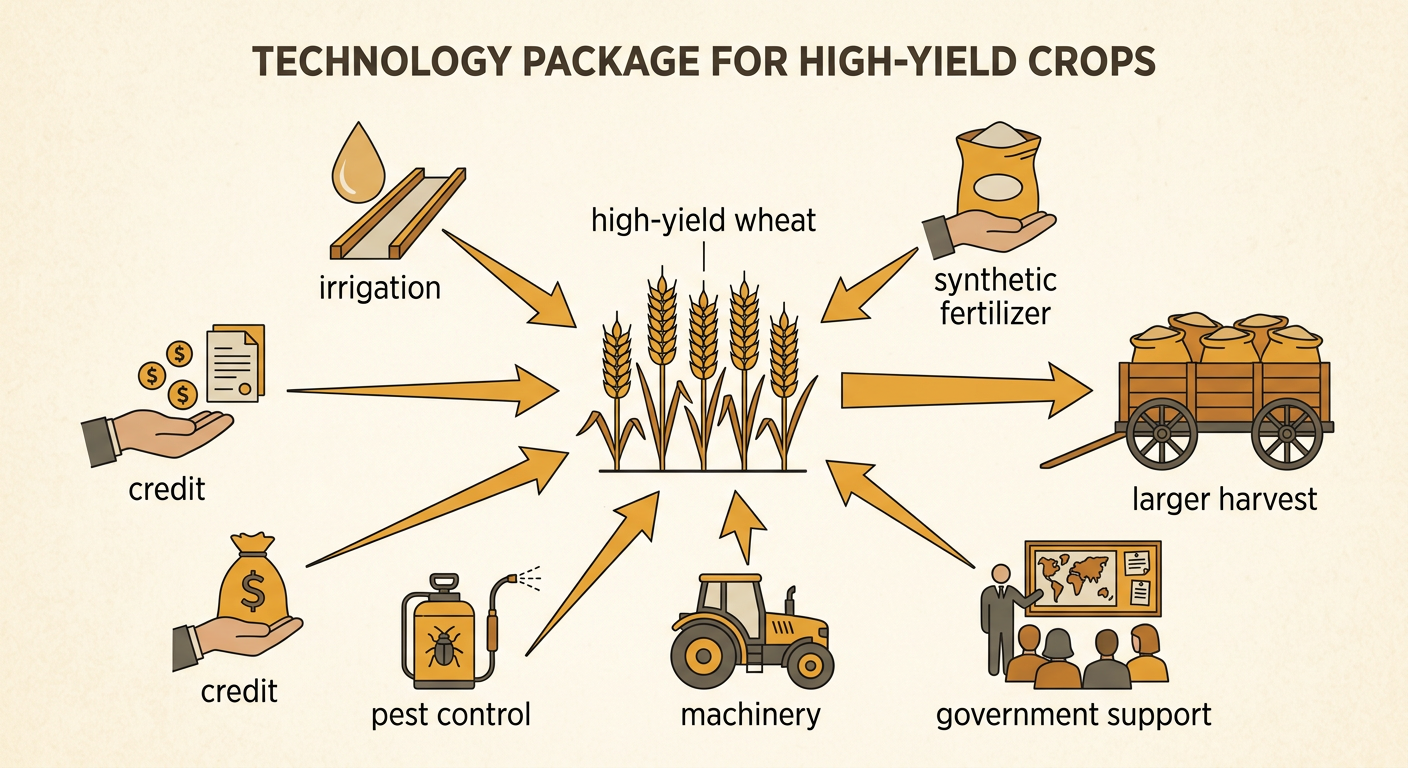 A Punjab farm shows high-yield wheat supported by a canal, fertilizer, machinery, and farm financing.