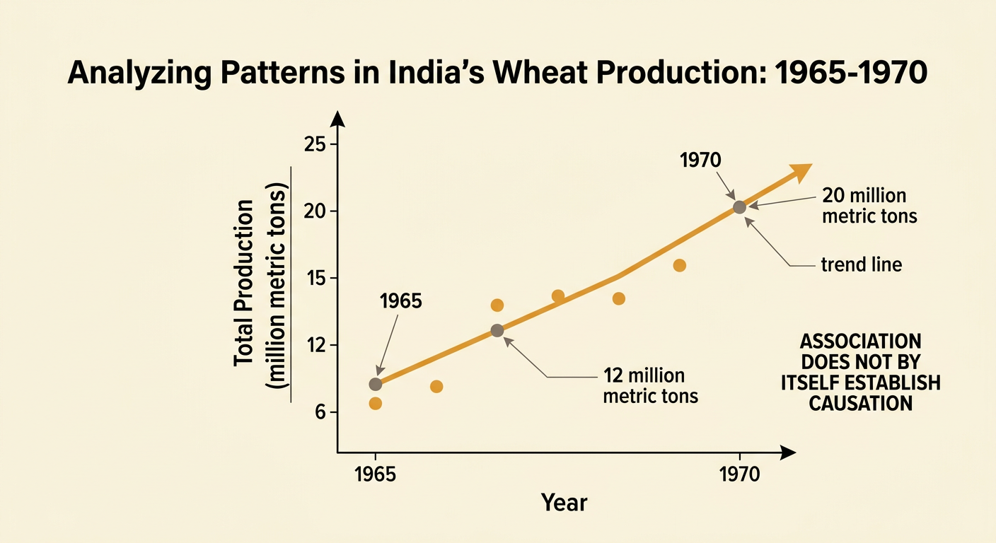 A line graph shows India's wheat production rising from 12 million metric tons in 1965 to 20 million metric tons in 1970.