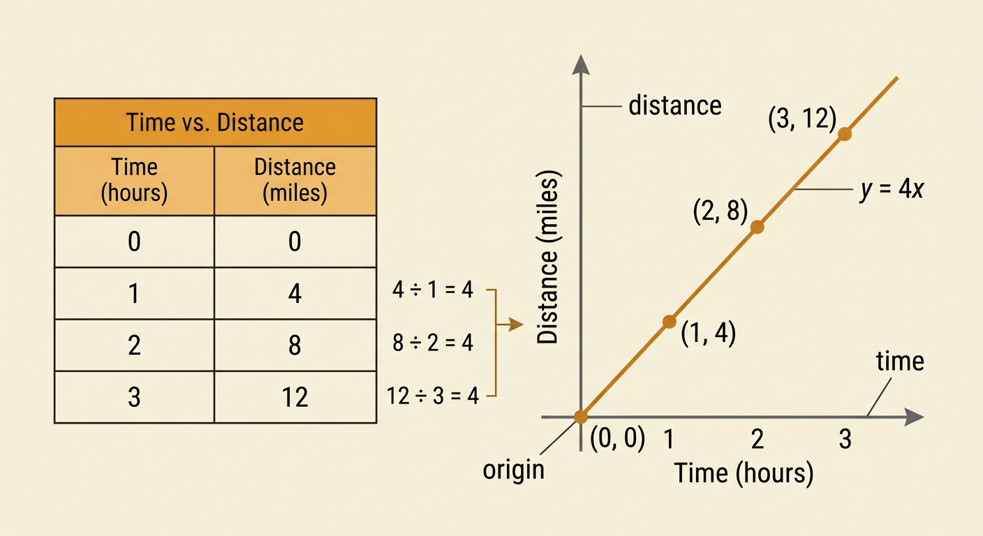 A cyclist’s distance table appears beside its straight-line graph through four plotted points.