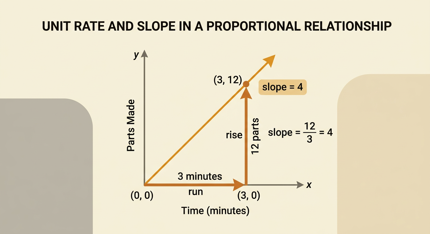 A graph of machine production shows a slope triangle between zero and the point for three minutes and twelve parts.