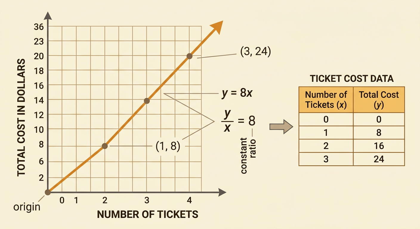 A coordinate graph shows movie ticket cost rising in a straight line from zero.