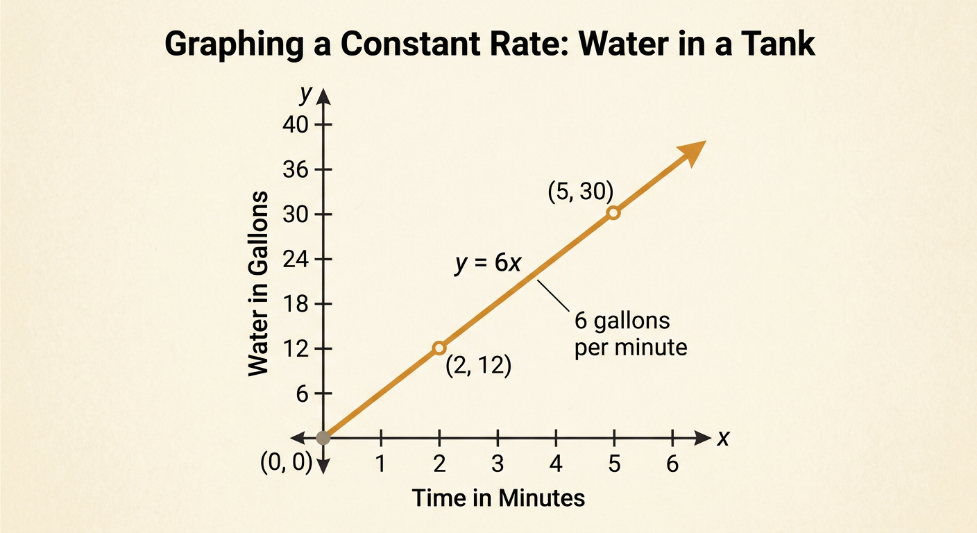 A tank-filling graph rises from the origin and highlights the amount of water after two minutes.