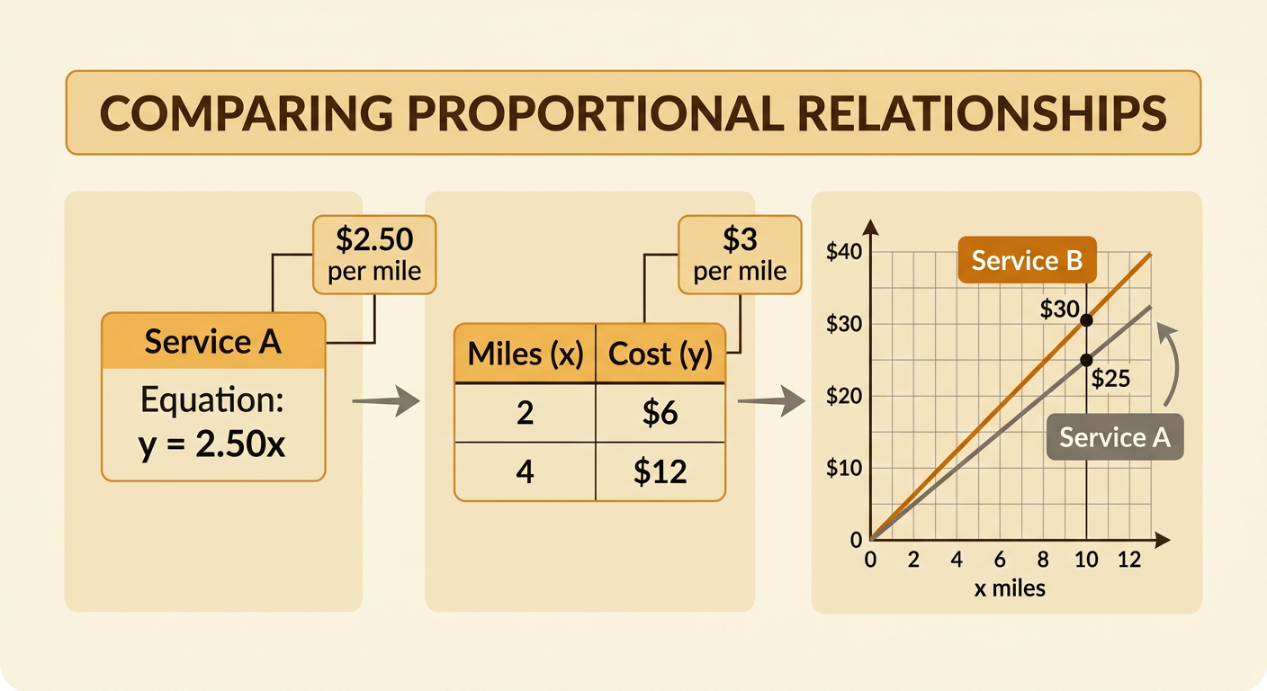 A delivery comparison graphic shows one service as an equation and the other as a table with their per-mile rates.