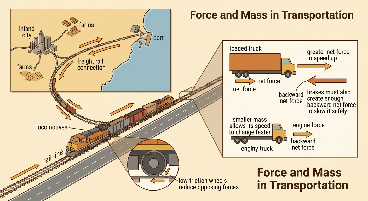 A loaded truck brakes on a road while a locomotive pulls freight cars between an inland town and a port.