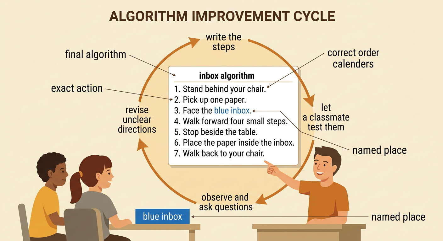 A new classmate follows the improved steps to carry a paper safely from a chair to a blue inbox.