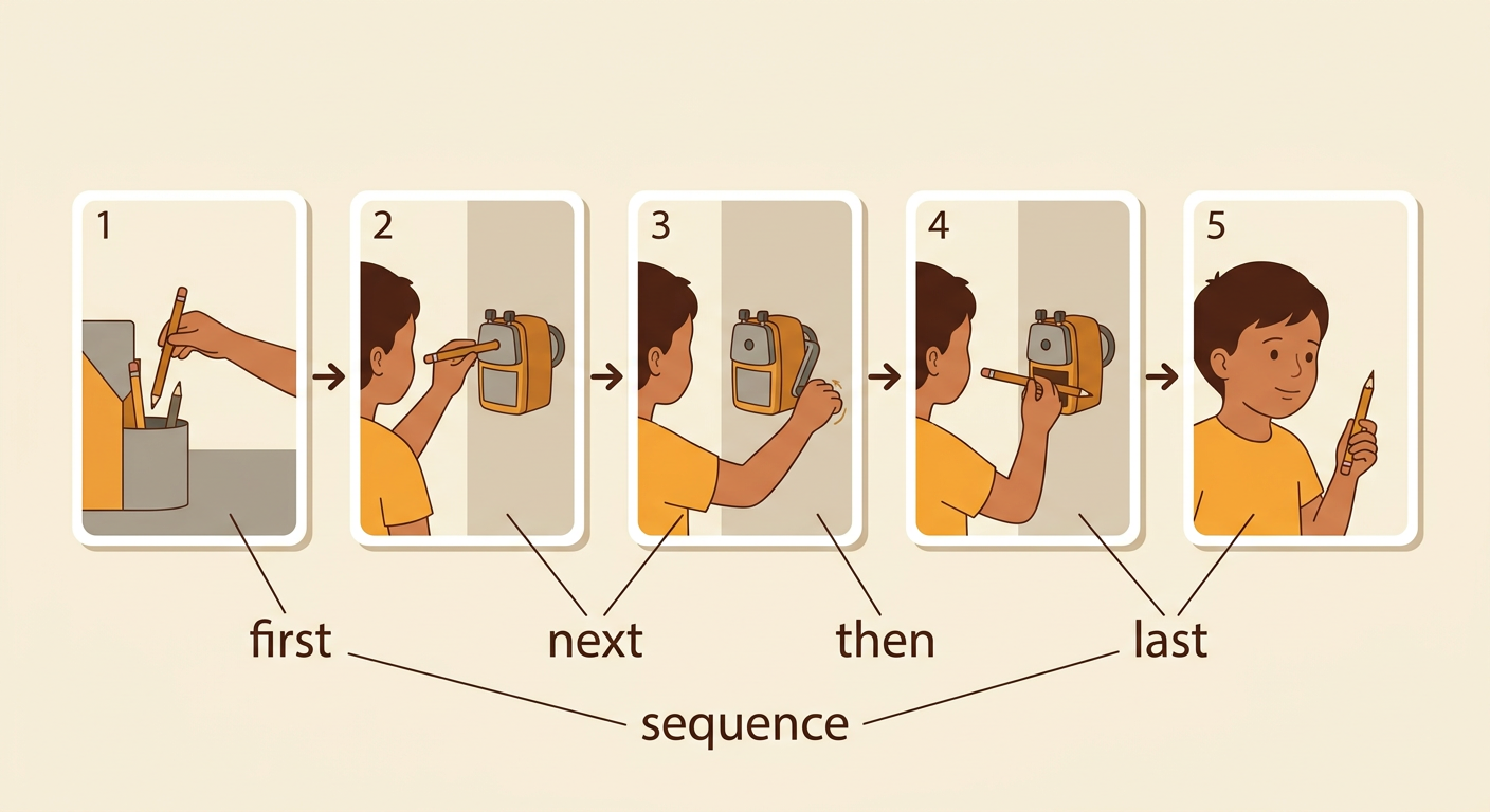 Five illustrated pencil-sharpening step cards are arranged from first to last beside a classroom sharpener.