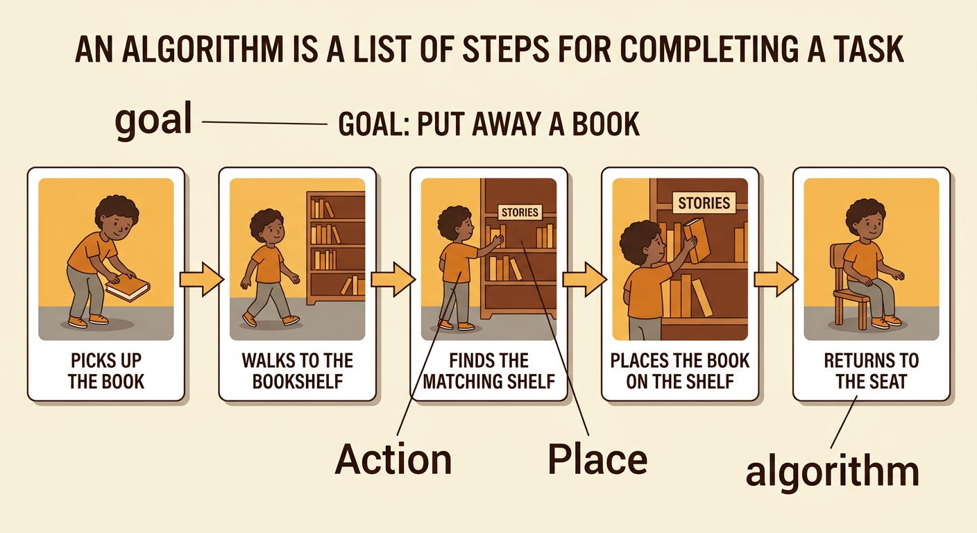 A child follows an arrowed sequence to pick up a book and place it on the matching bookshelf.