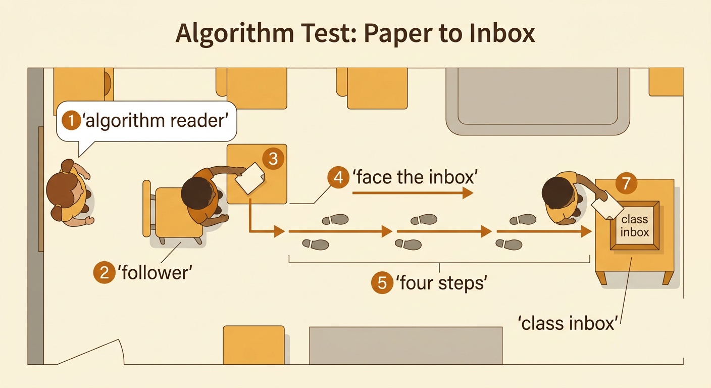 A reader holds step cards while a follower carries one paper four clear steps toward the class inbox.