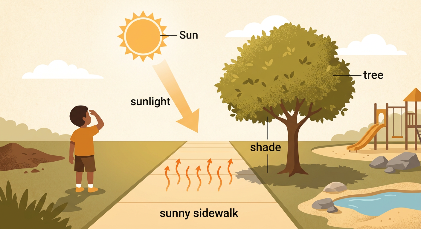 A bright Sun shines on one part of a sidewalk while a tree shades the other part.