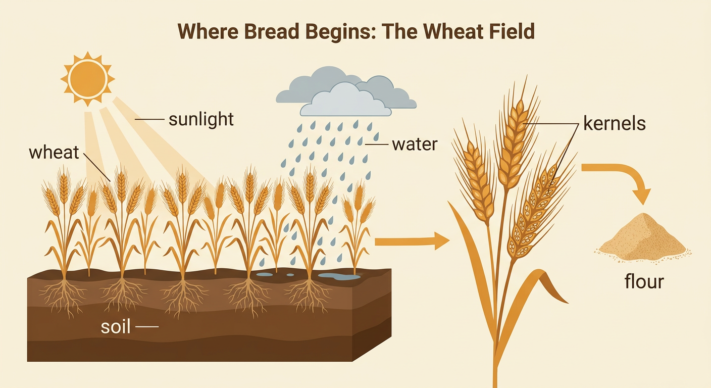 A sunny farm field shows wheat growing in soil with rainwater and heads containing kernels that become flour.