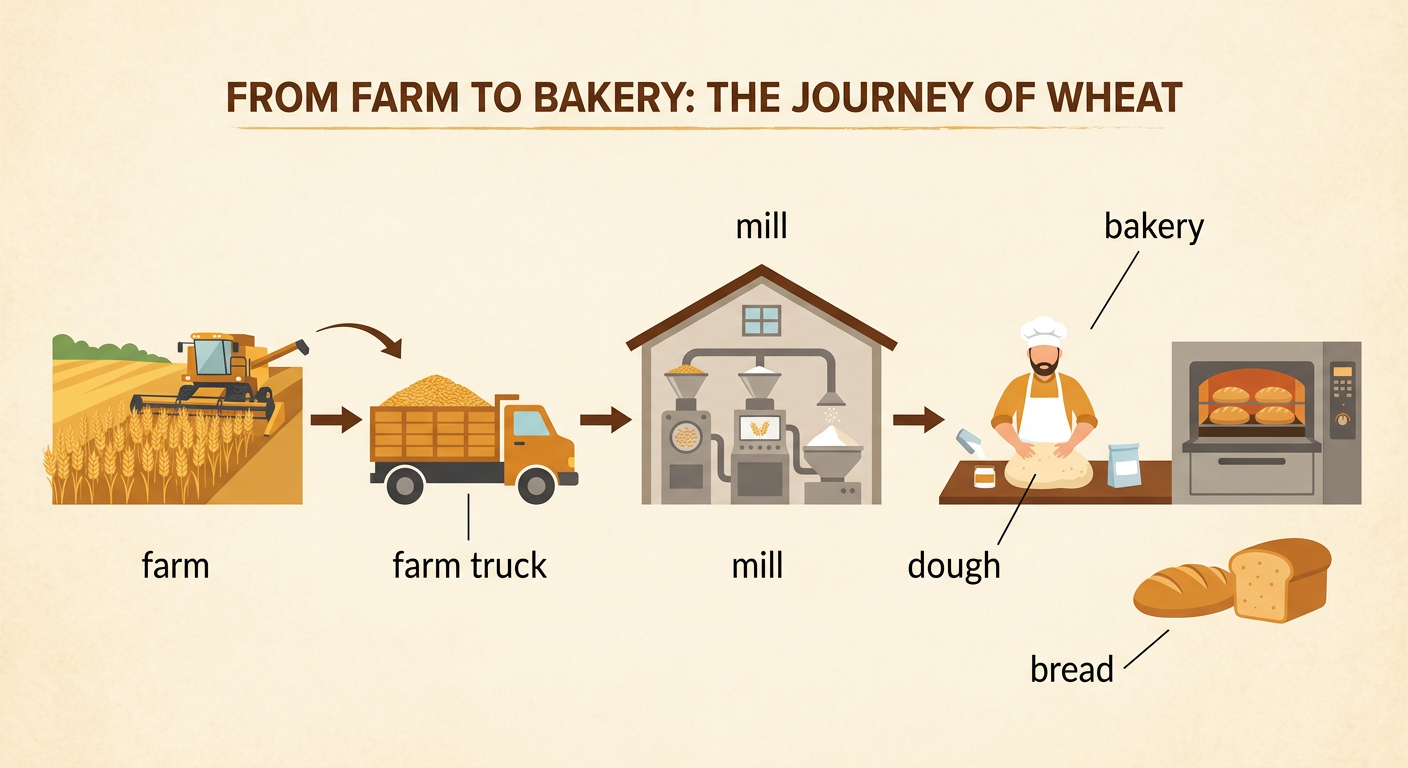 A connected path shows wheat moving by farm truck to a mill and then to a bakery where dough becomes bread.