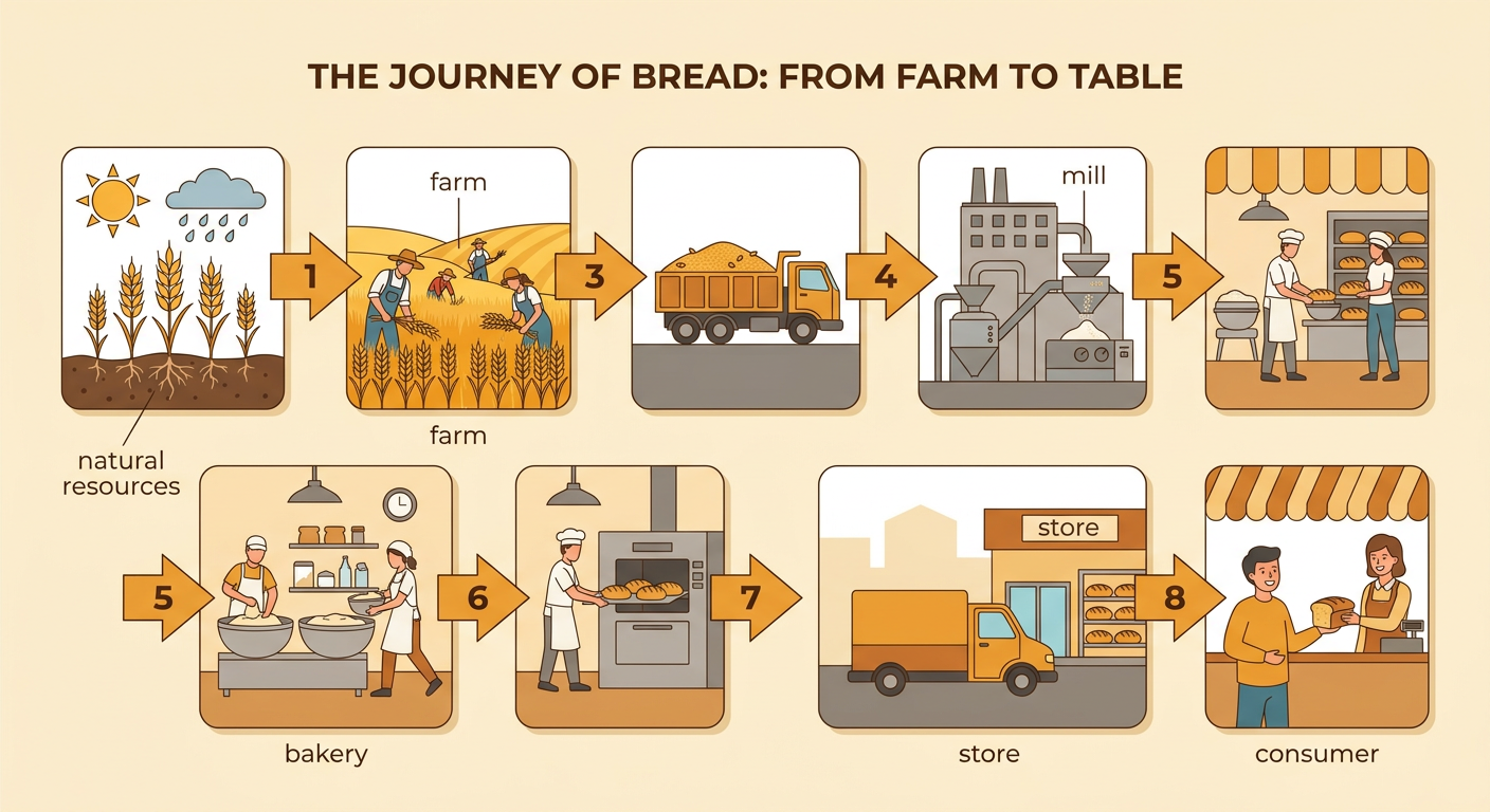 An arrow sequence connects natural resources to a farm, mill, bakery, store, and final consumer.