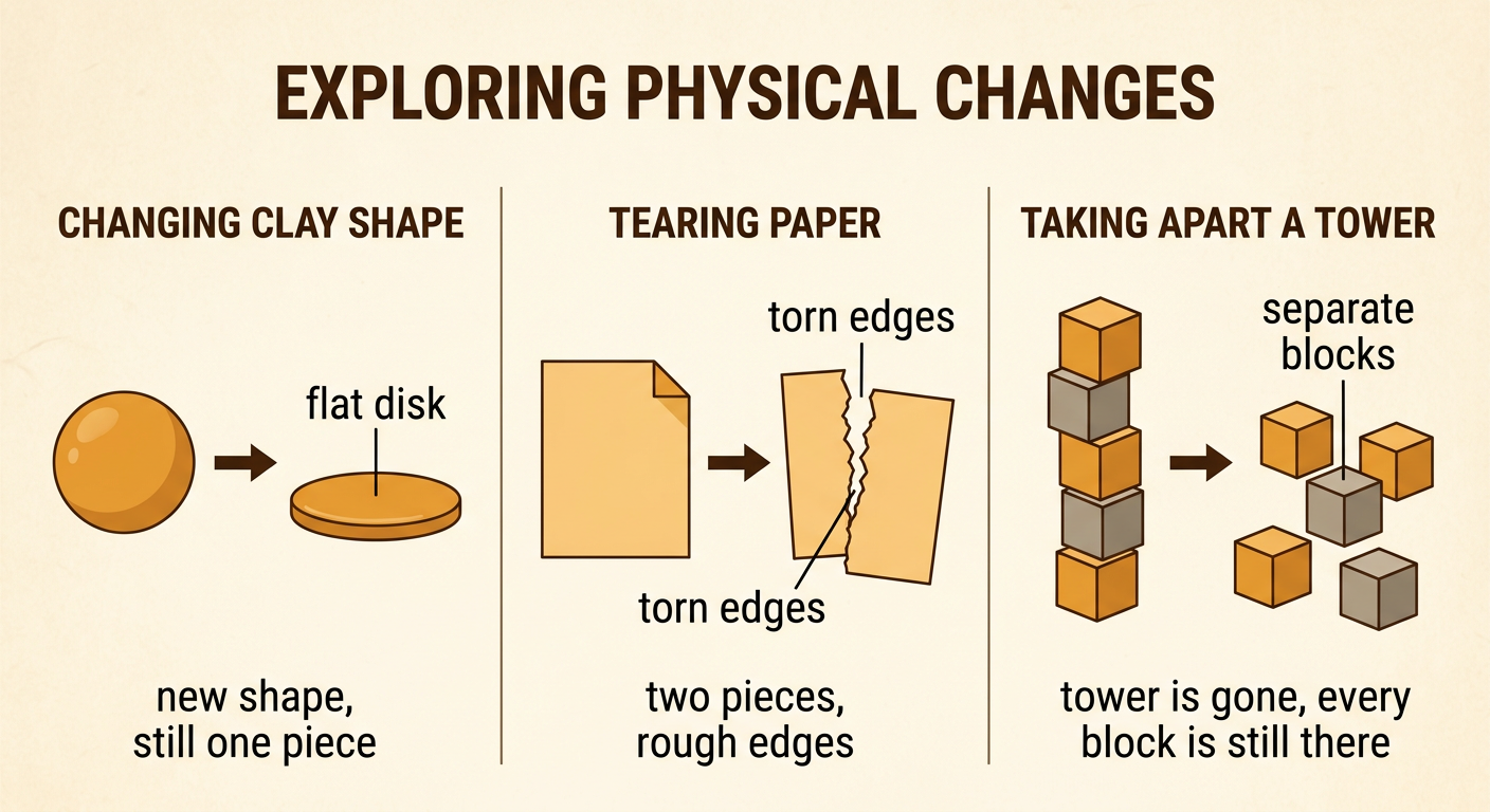 The changed materials appear as a flat clay disk, two torn paper pieces, and separate building blocks.