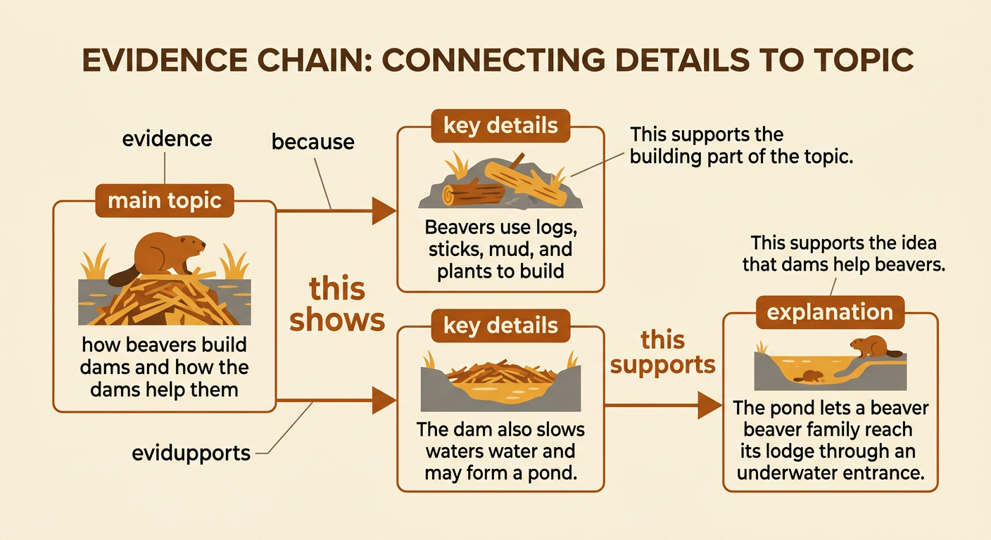 Arrows connect three beaver-text details to the main topic, with explanation phrases beside the arrows.