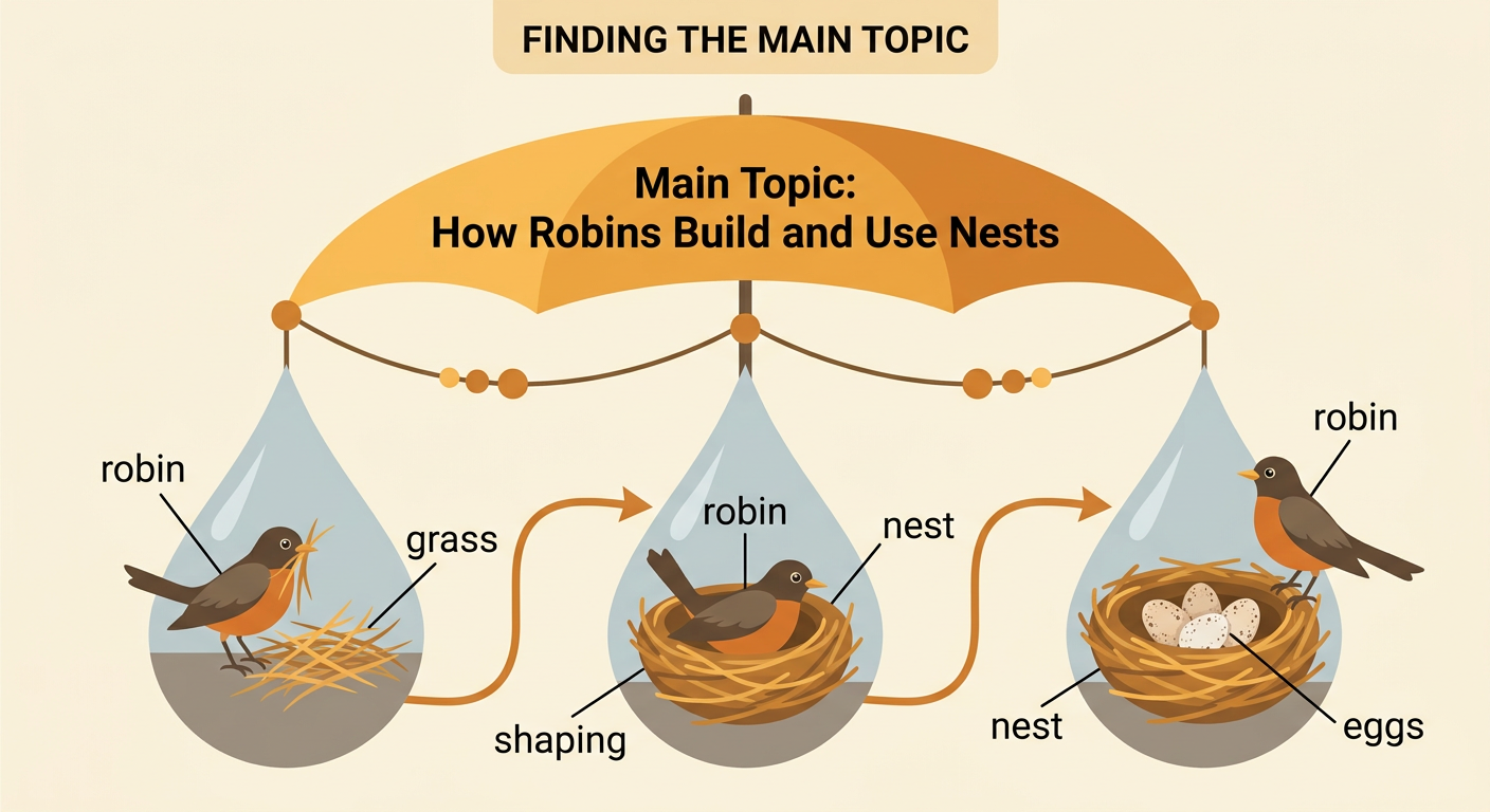 A three-part picture shows a robin gathering grass, building a nest, and sitting beside eggs in the finished nest.
