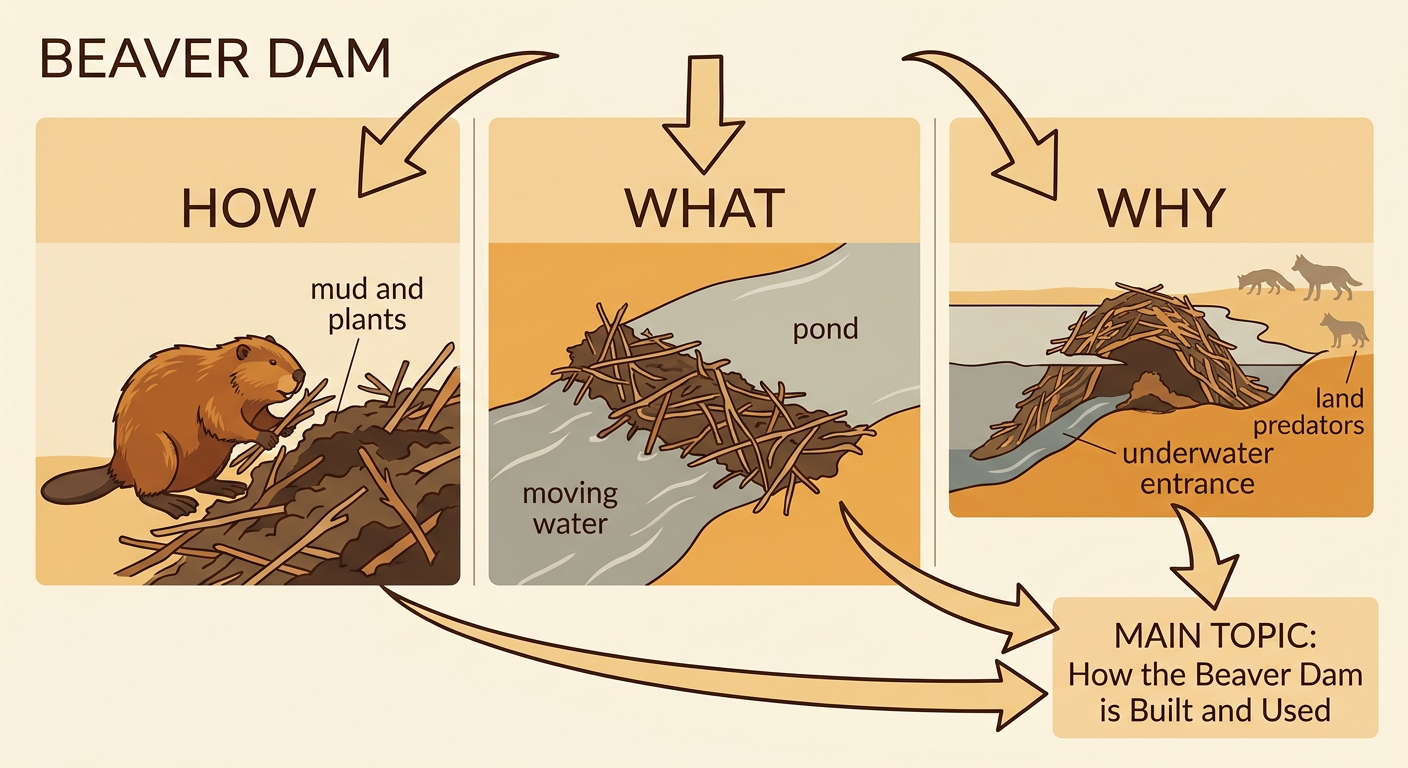 A cutaway scene shows beavers packing a dam, water slowing into a pond, and a lodge reached through an underwater entrance.