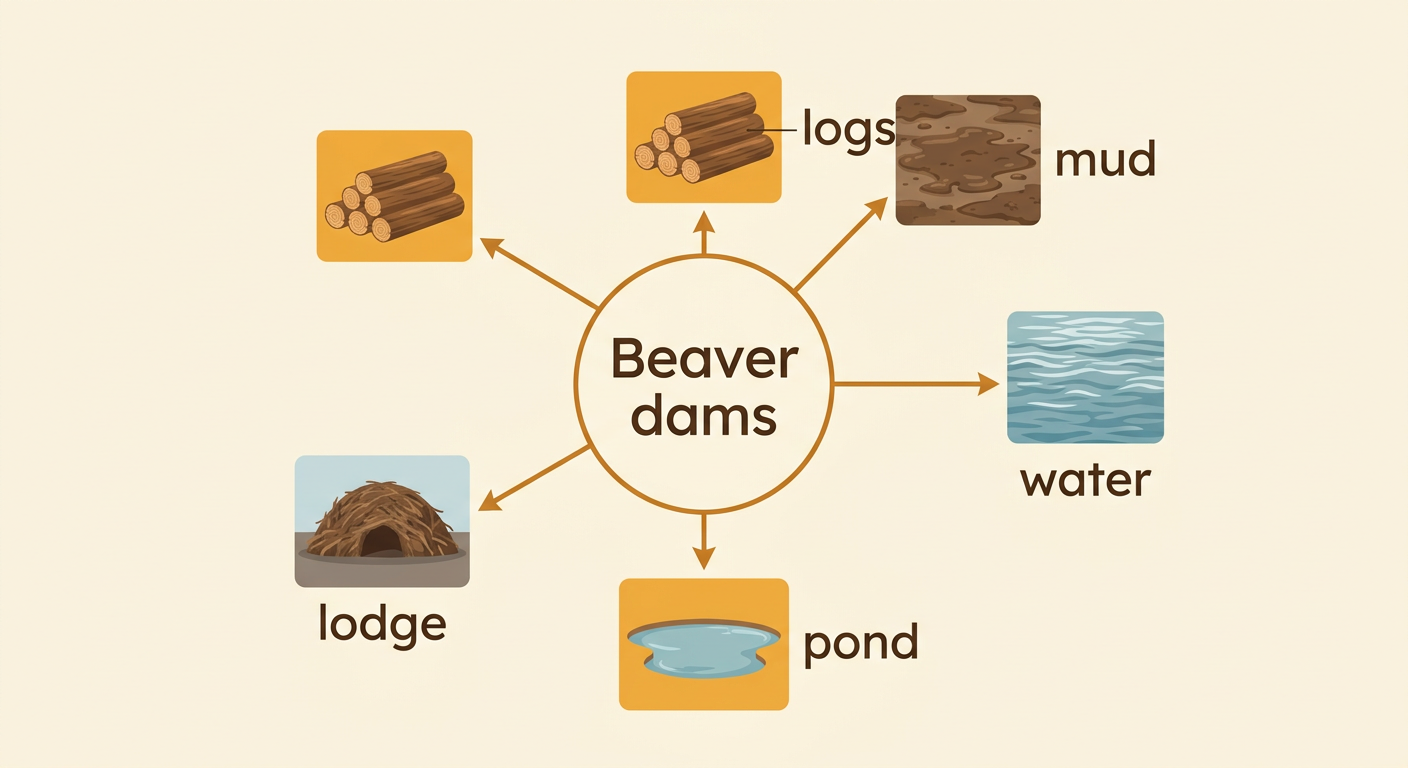 Connected picture pieces labeled with dam-building words surround a beaver working in a stream.