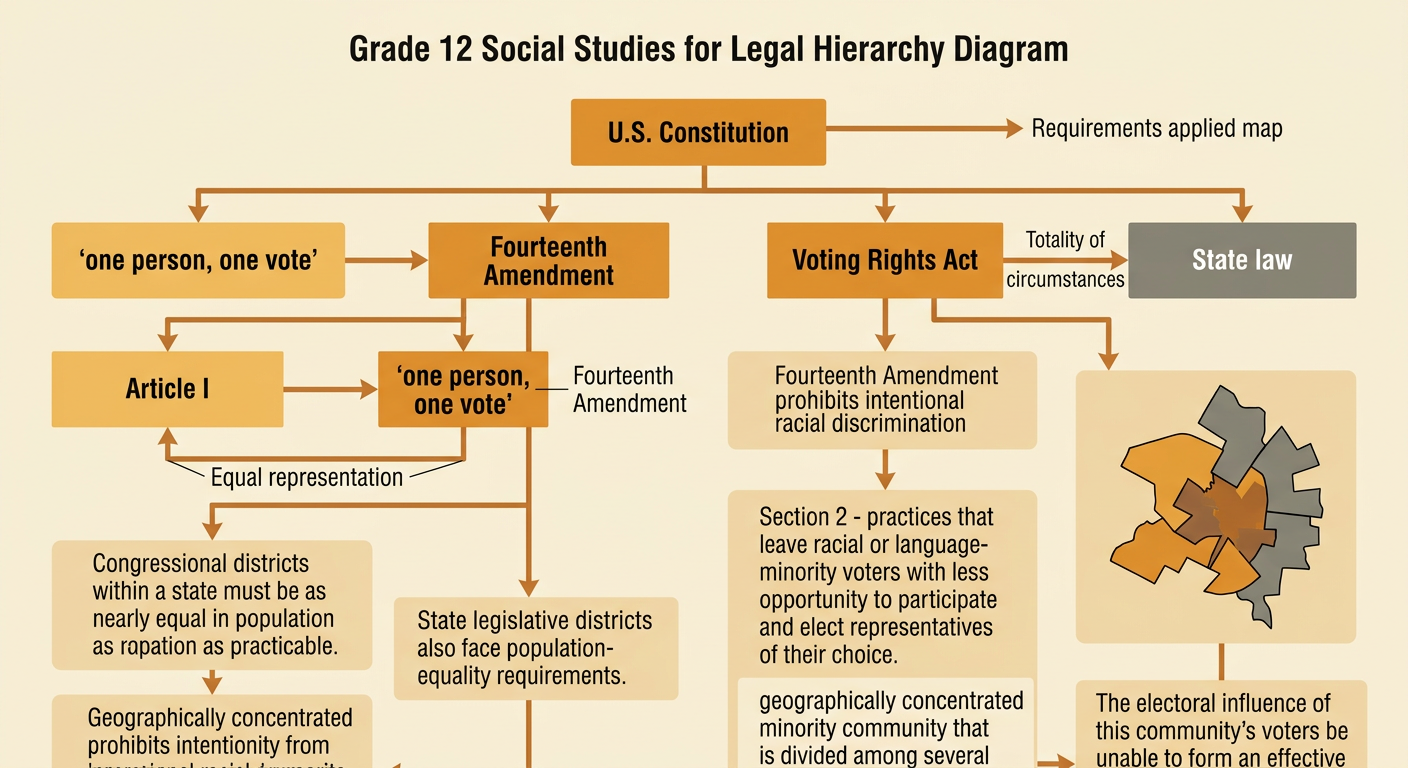 A balanced legal scale connects equal-population districts with constitutional and voting-rights protections.