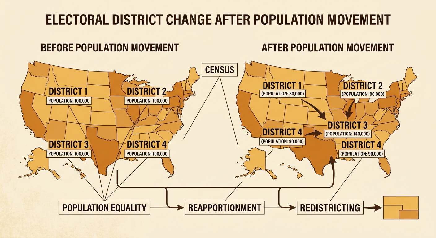 A flow diagram shows changing district populations leading from the national count to new electoral boundaries.