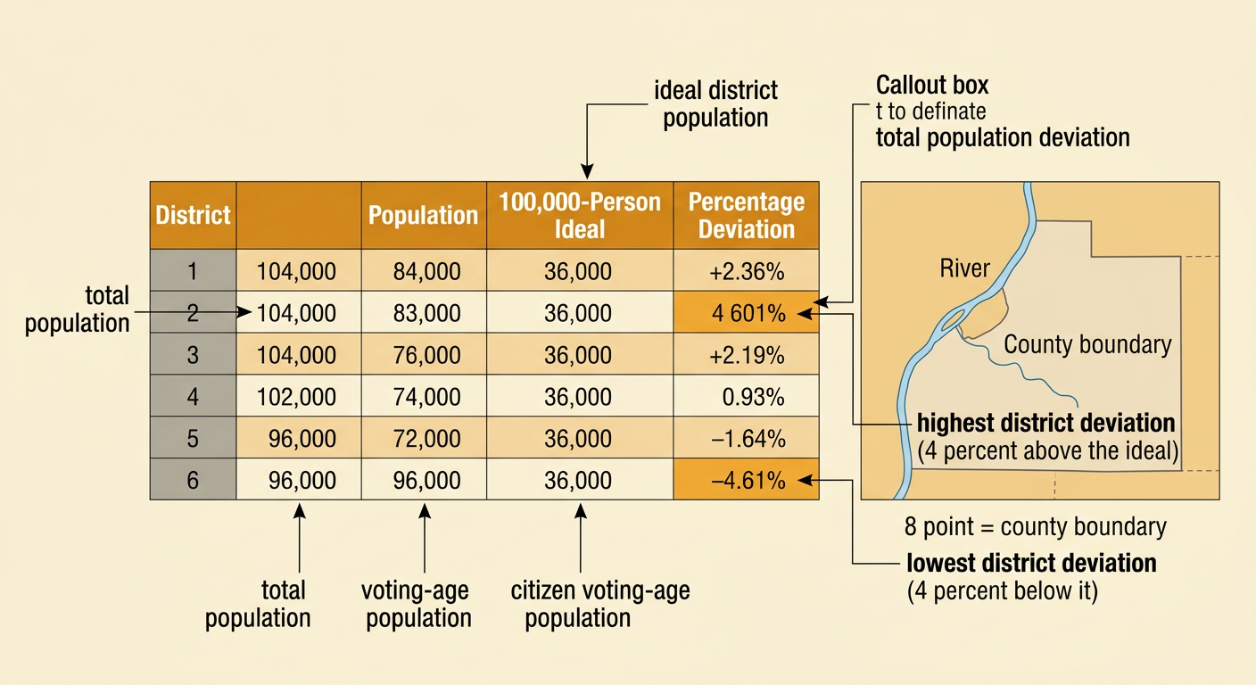 A census table and small state map show six districts, population measures, and deviations from the ideal.