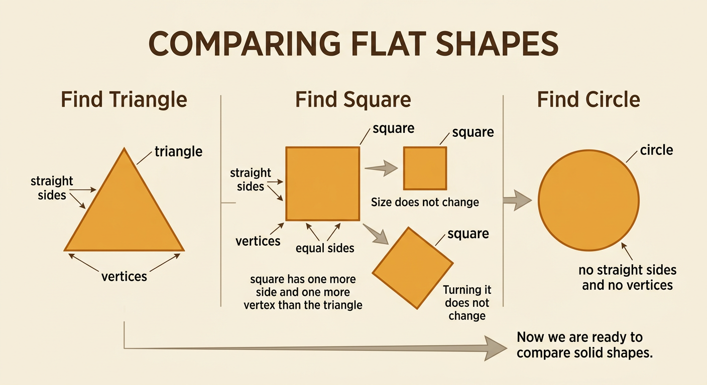 A triangle, a square in two sizes and directions, and a circle appear with their sides and corners clearly shown.