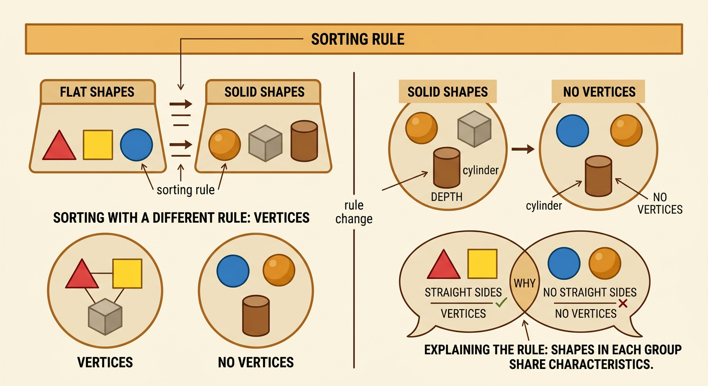 One sorting mat groups six shapes first by flat or solid and then by whether they have vertices.