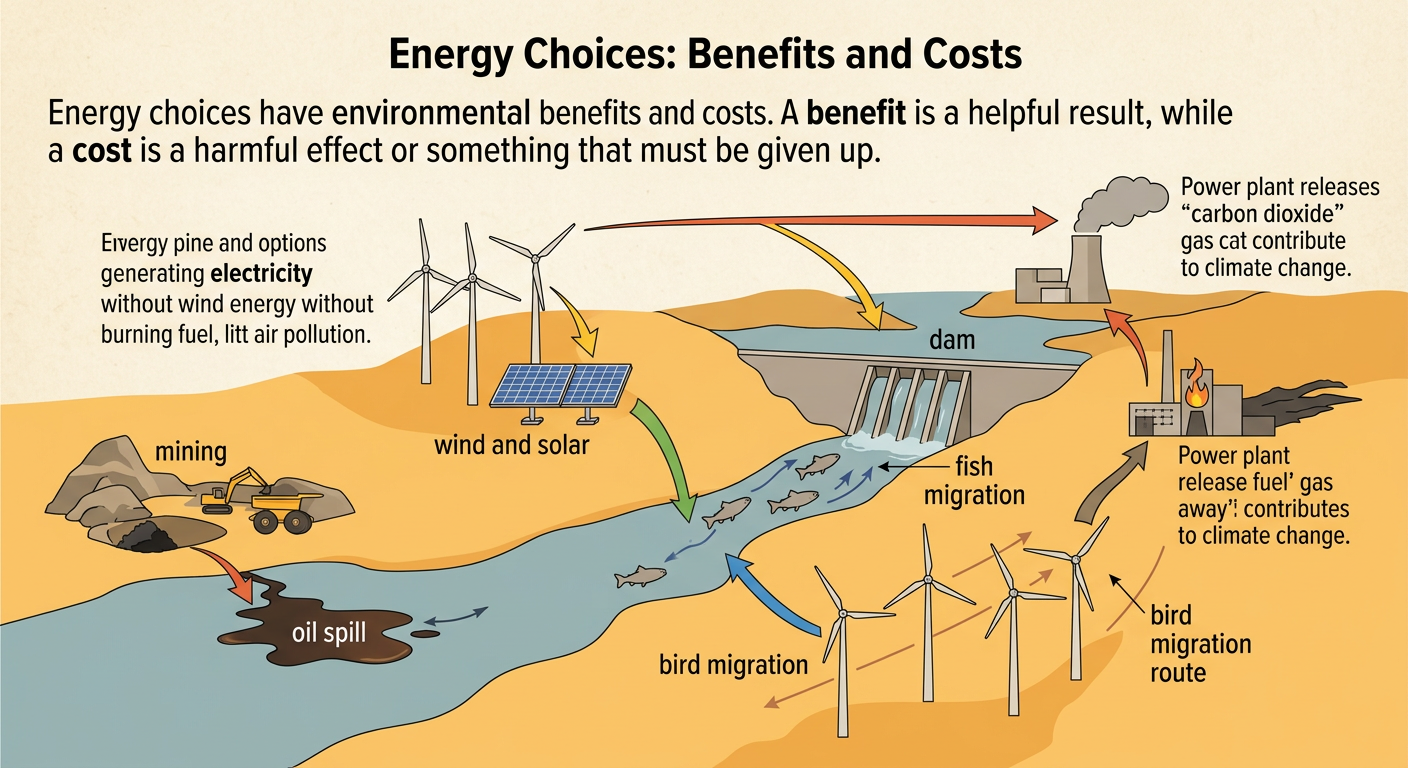 One landscape compares wind and solar equipment, a dam blocking fish, and a fuel-burning power plant releasing gas.