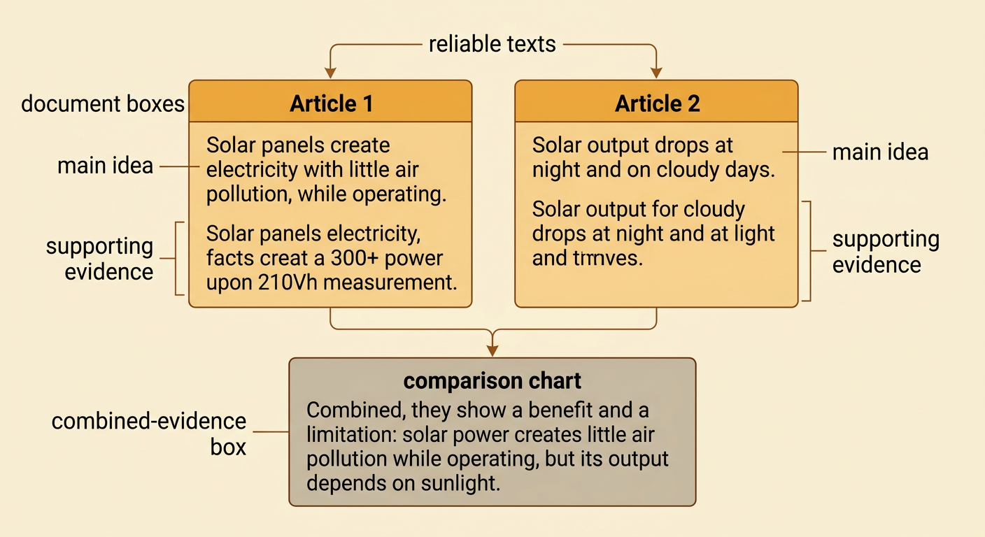 Two solar-energy articles feed facts into a comparison chart showing one benefit and one limitation.