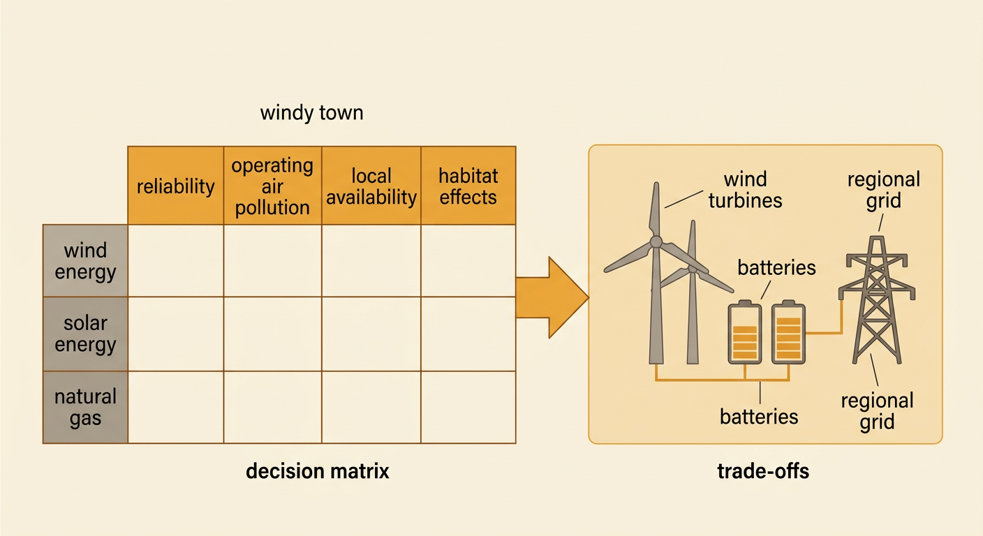 A windy town uses turbines, battery storage, and a regional power grid while residents compare benefits and costs.