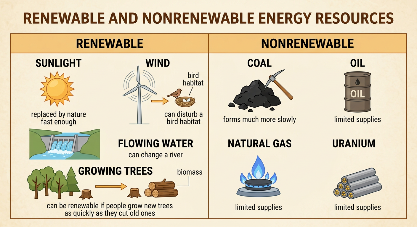 A split scene sorts sunlight, wind, water, wood, coal, oil, natural gas, and uranium by how quickly nature replaces them.
