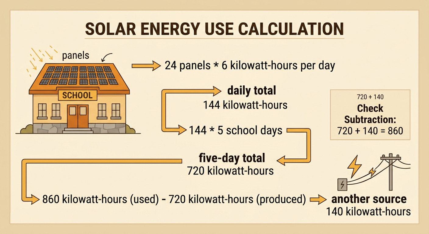 A school solar diagram shows 24 panels and the multiplication, subtraction, and addition used to meet five days of energy use.