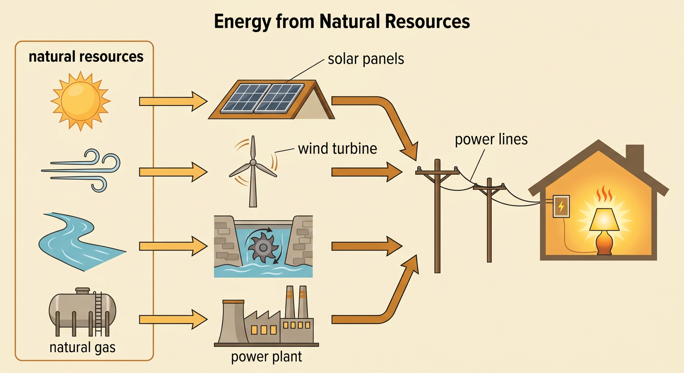 A diagram traces sunlight and wind through energy equipment and power lines to a glowing lamp in a home.