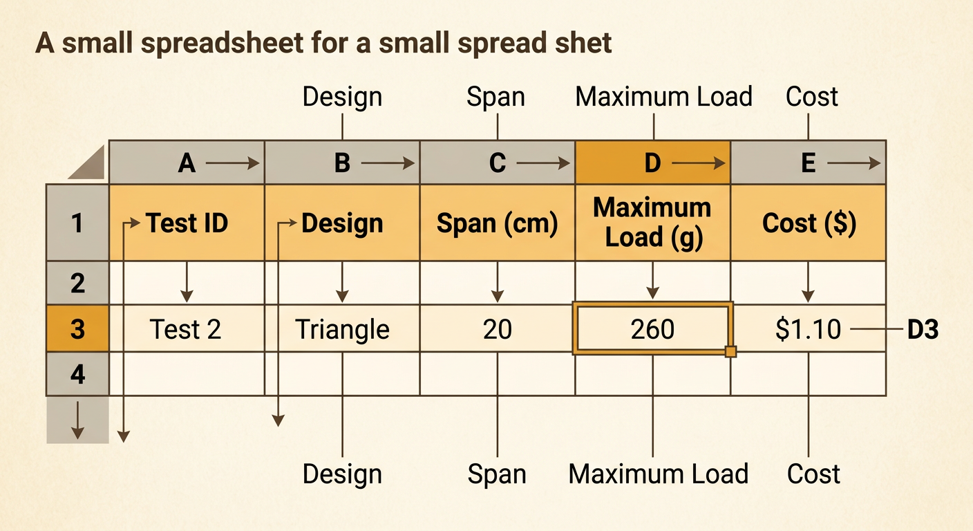 A bridge-test spreadsheet highlights row 3, cell D3, and the four main data columns.