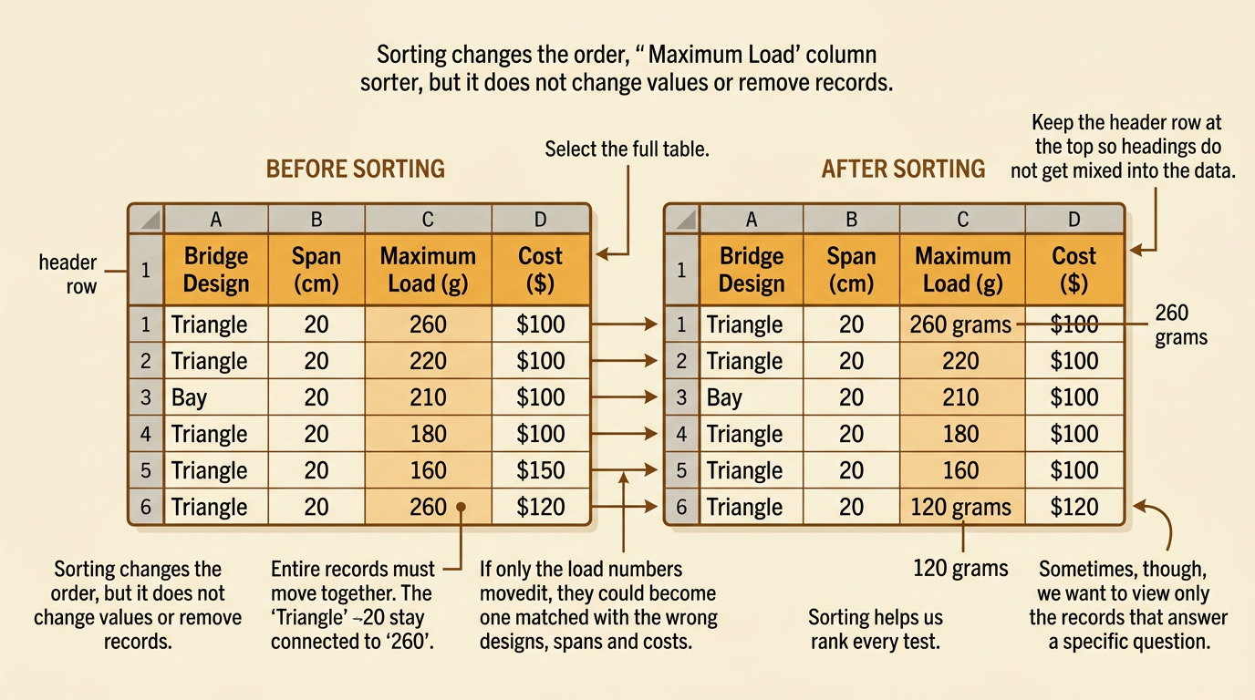 A complete bridge-test table is sorted from the highest maximum load to the lowest while each row stays together.