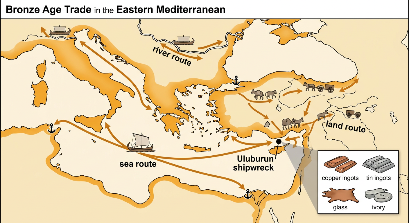 A Bronze Age trade network leads to the Uluburun ship carrying copper and tin ingots near a coastal port.