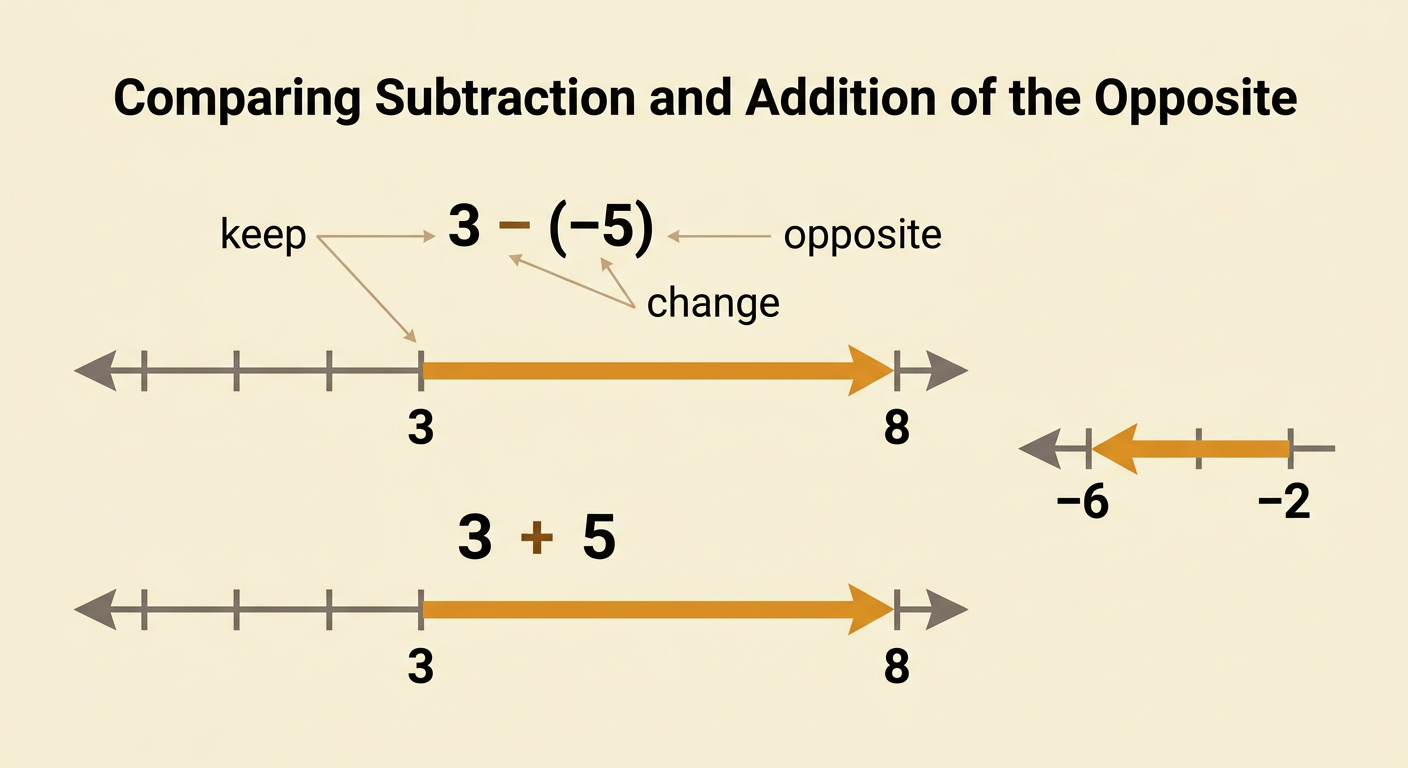 A worked subtraction diagram shows the keep-change-opposite process and the resulting values −6 and 8.