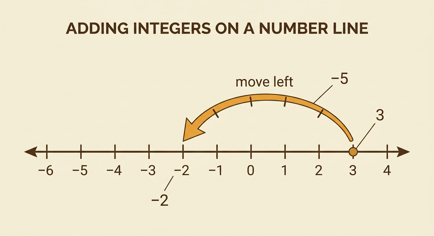 A number line shows a five-unit leftward move from 3 to −2 while adding −5.