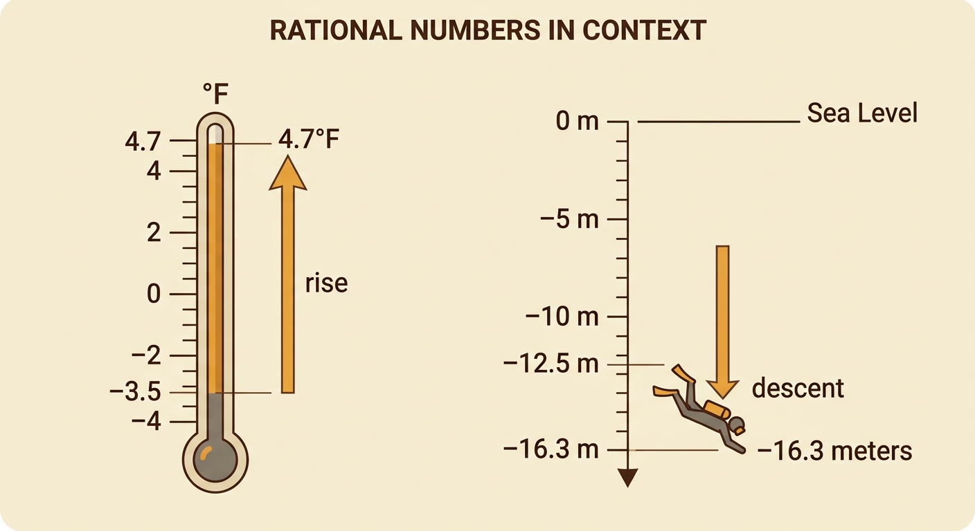 A split scene shows a thermometer rising to 4.7°F and a diver descending to −16.3 meters.