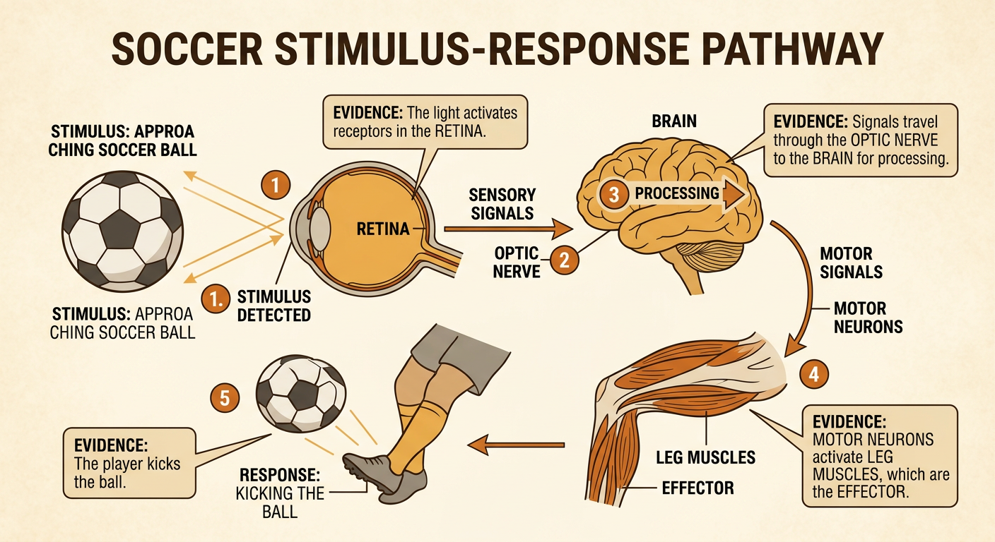A soccer player’s stimulus-response pathway runs from light entering the retina through the brain to leg muscles kicking the ball.