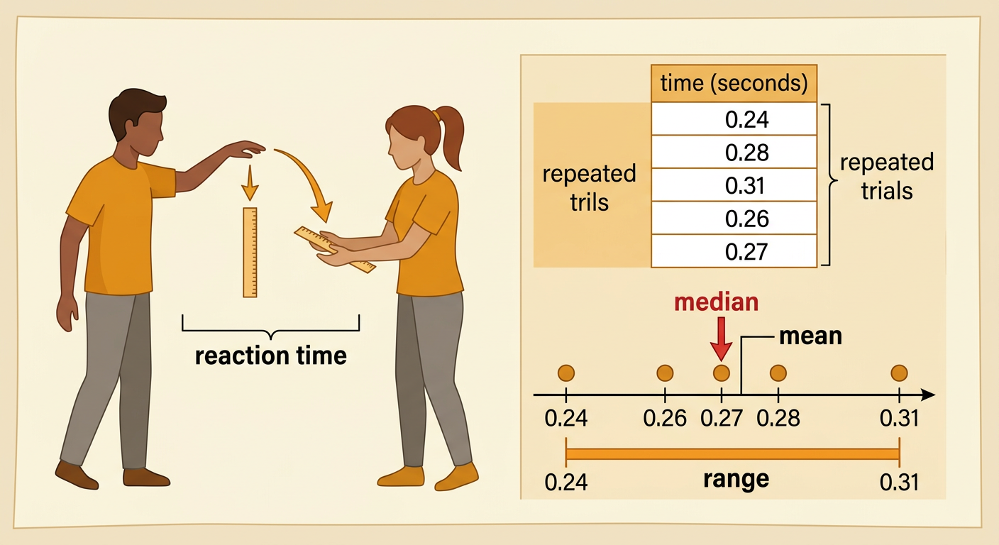 A ruler-drop test appears beside a table of five reaction times and their calculated median, mean, and range.