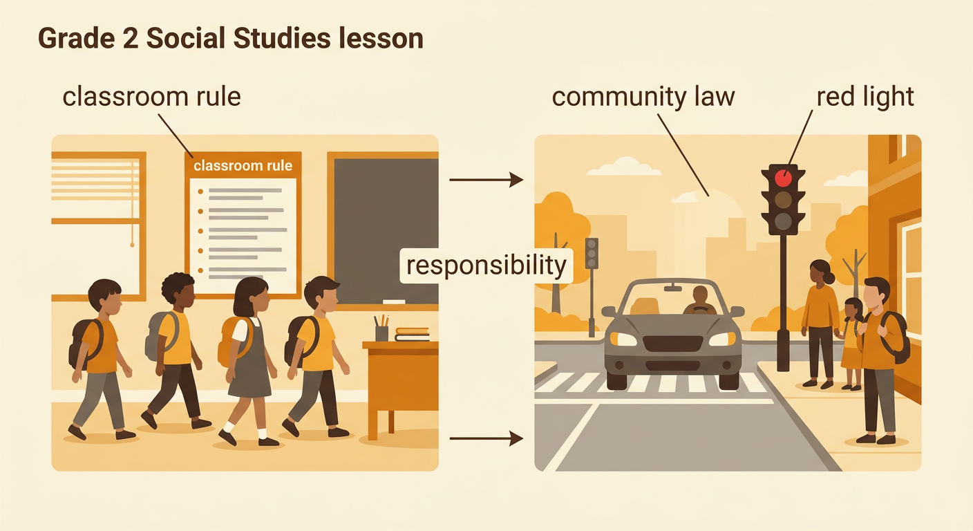 A classroom walking rule appears beside a street where a car stops at a red traffic light.