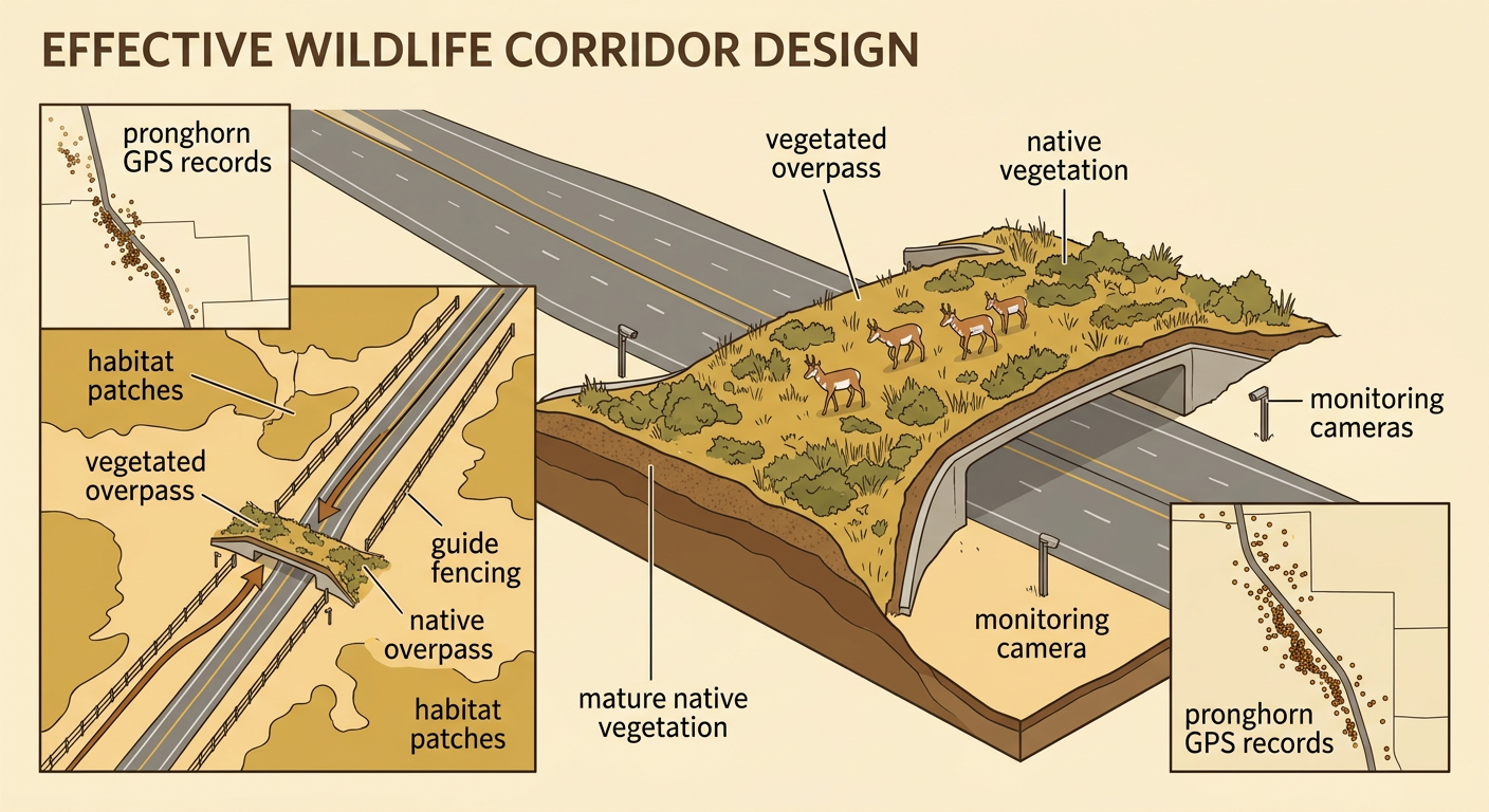 Pronghorn are guided by fencing toward a wide plant-covered overpass connecting habitat on both sides of a highway.