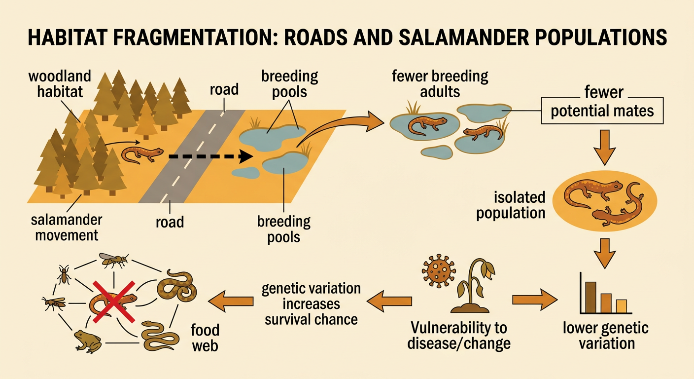 Woodland salamanders face a road barrier between their forest habitat and seasonal breeding pools.