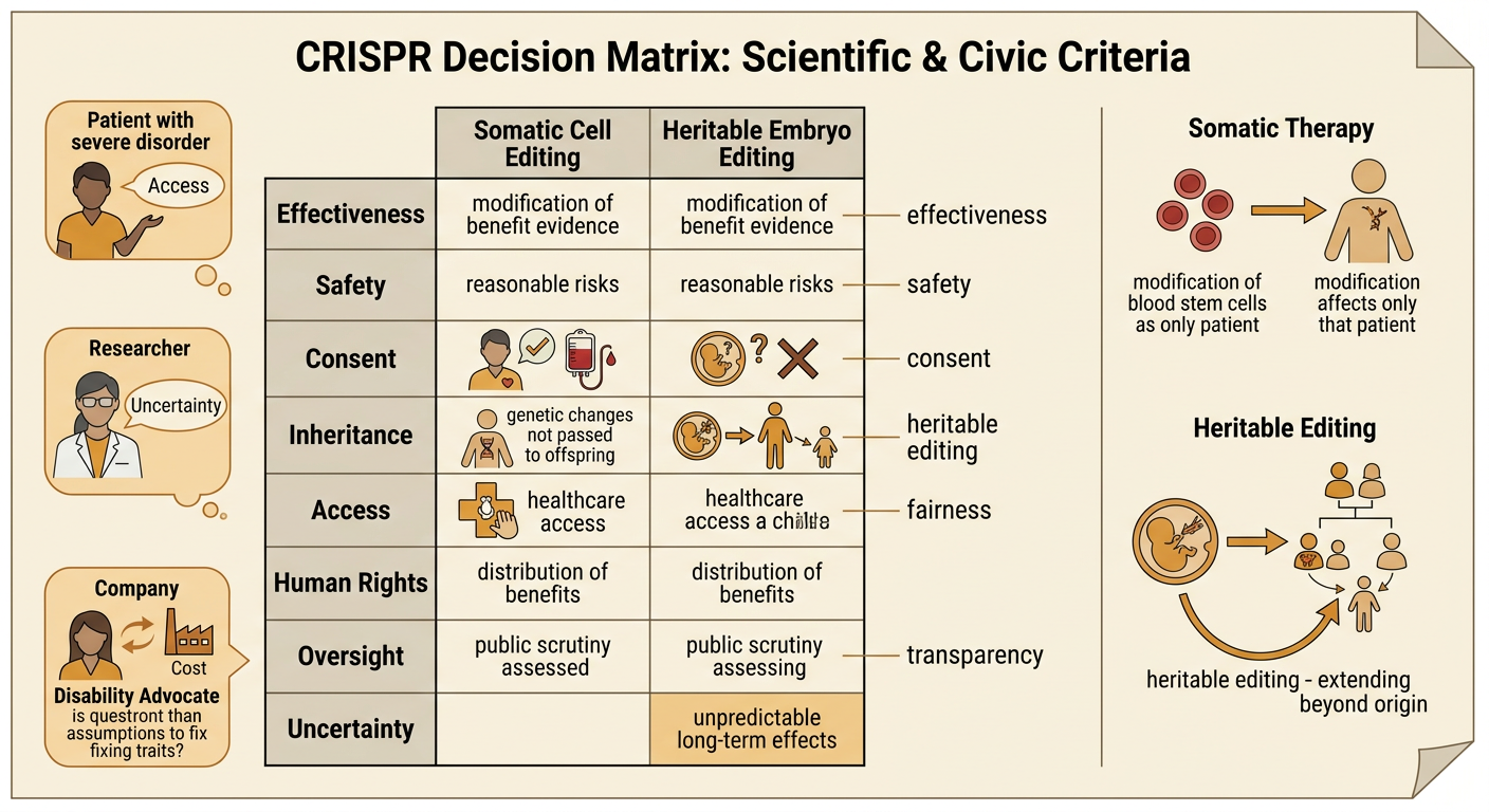 A decision matrix compares monitored somatic therapy and heritable editing using scientific and ethical criteria.