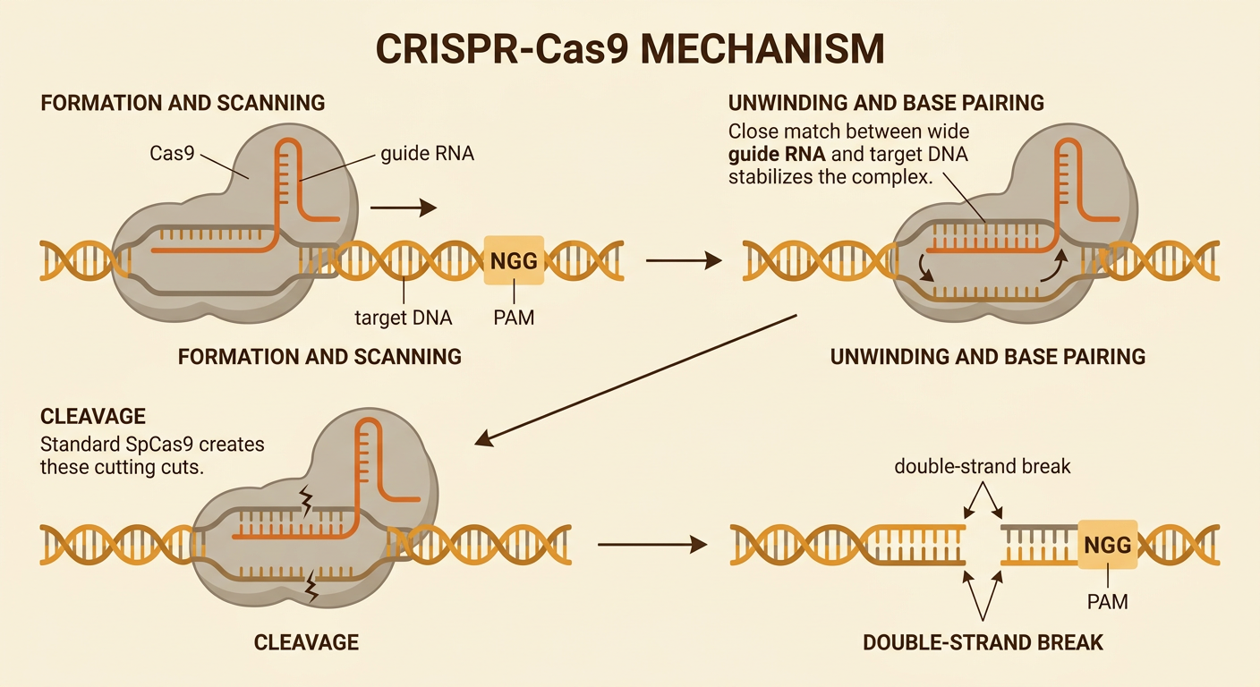 Cas9 holds a guide RNA on matching target DNA and cuts both strands three base pairs before the PAM.