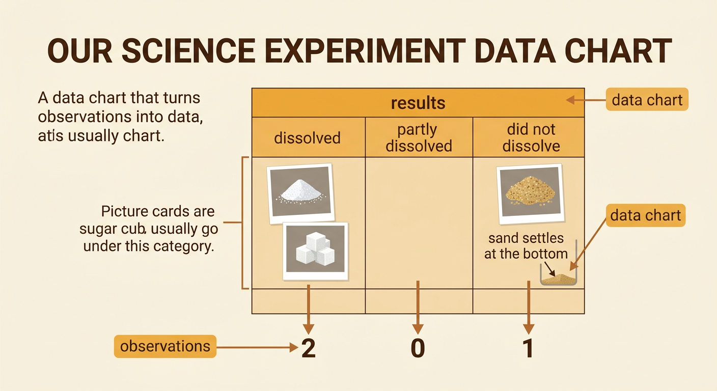 A completed data chart places salt and sugar under dissolved and sand under did not dissolve.