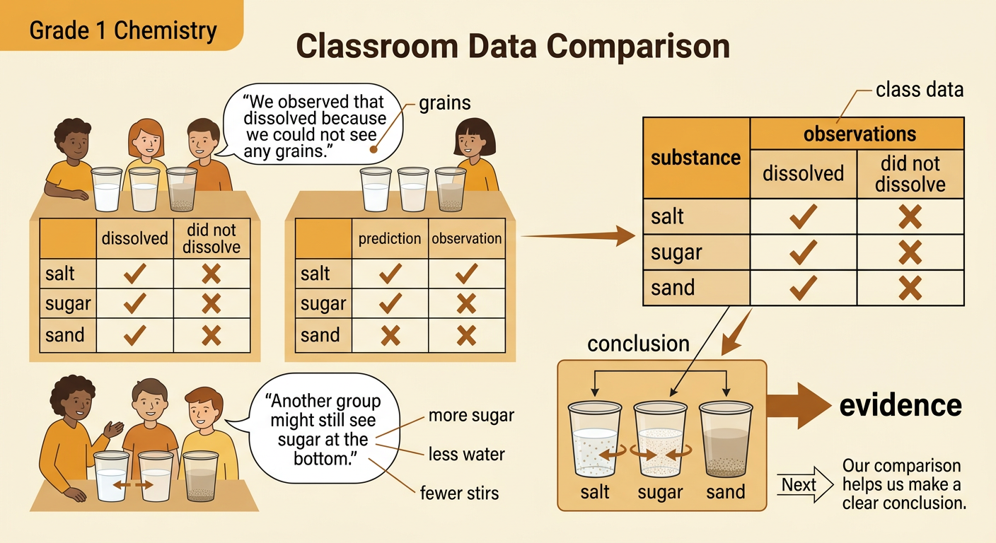 Two groups compare cups and a class data chart while discussing visible grains.