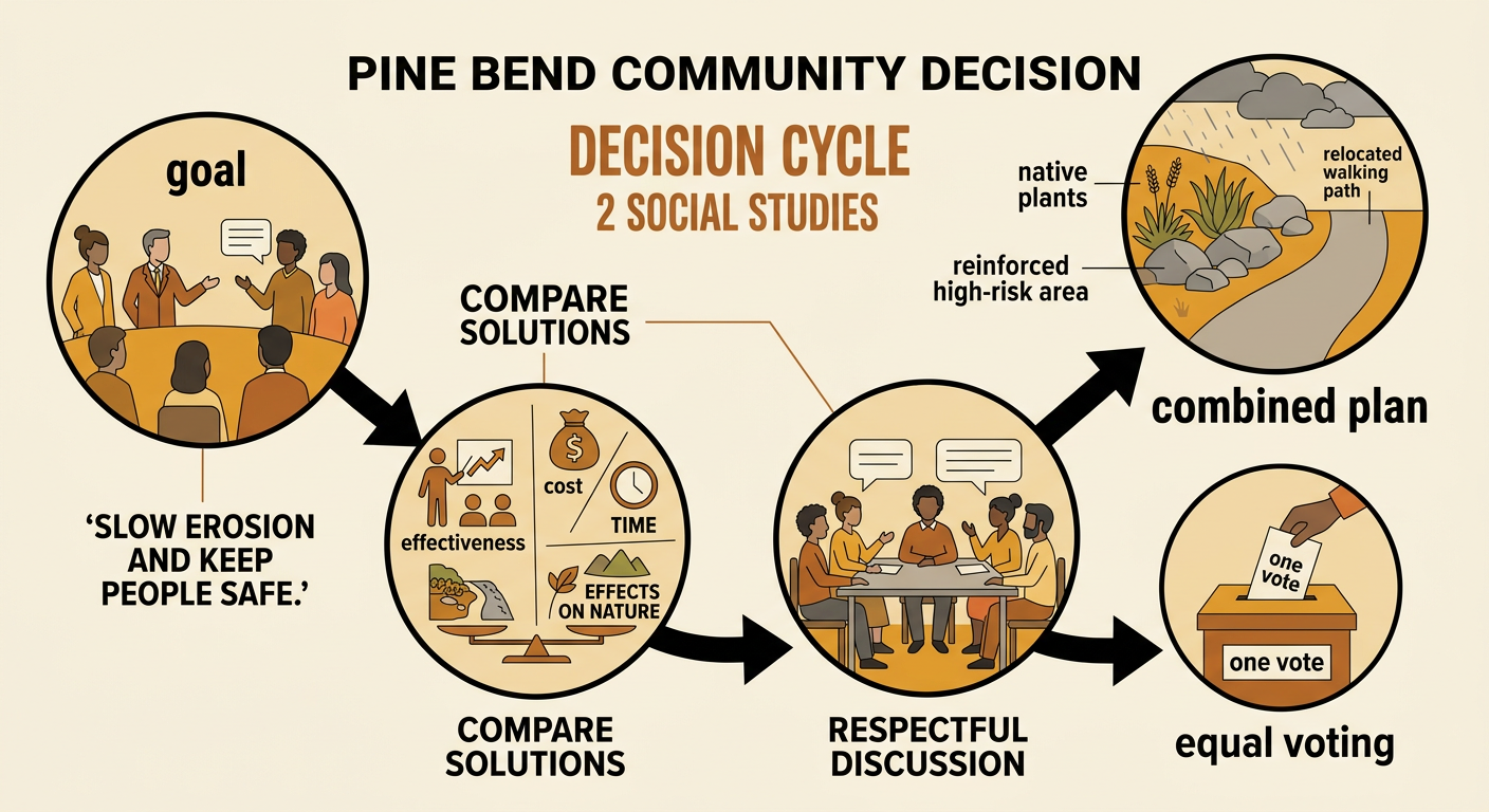 A community decision chart and ballot lead to a combined riverbank protection plan.