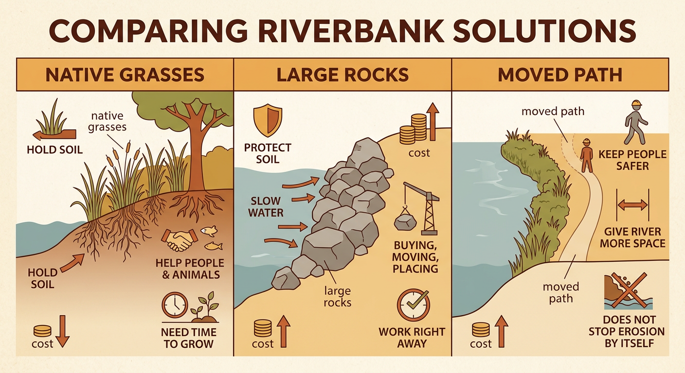 Three side-by-side riverbank plans show native plants, protective rocks, and a path moved away from the edge.